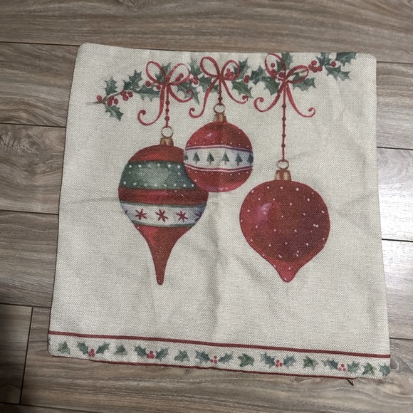17” Square Zip On Christmas Burlap Red & Green Holiday Ornaments Pillow Cover - Picture 4 of 5